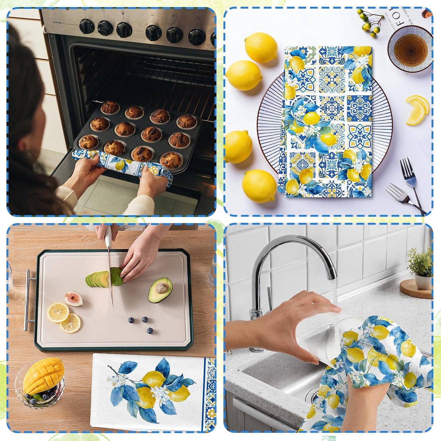 Lemon Kitchen Towels Set of 4, Chinoiserie Lemon Dish Tea Towels,16x24 Inch | Italian Capri Tiles Lemon Design, Decorative Hand Bathroom Towel for Summer Holiday, Housewarming, Amalfi Coast Decor