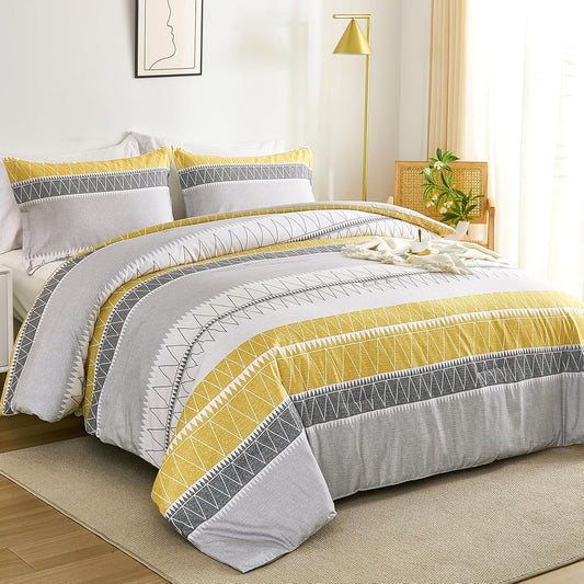 Queen Comforter Set-Yellow Grey Comforter, Reversible Boho Striped Bedding Set for Queen Bed - 3 Pieces (1 Comforter + 2 Pillowcases), Soft Microfiber Down Alternative (90"x 90")