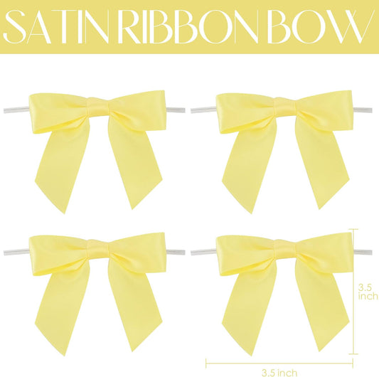 Yellow Bows Satin Ribbon Twist Tie Bow 3.5" Pre-Tied Bow Premade Baby Shower Bows Yellow Gift Bow for Treat Bags Cake Pop Gift Wrapping Goodie Bags Party Easter Decor- 50 Counts