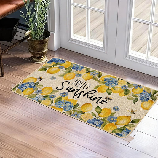 Summer Lemon Doormat Rug 17x29 inch Sunshine Hydrangea Blue Yellow Floral Front Door Mat Indoor Outdoor Non Slip Rubber Backing Seasonal Entryway Kitchen Floor Decoration