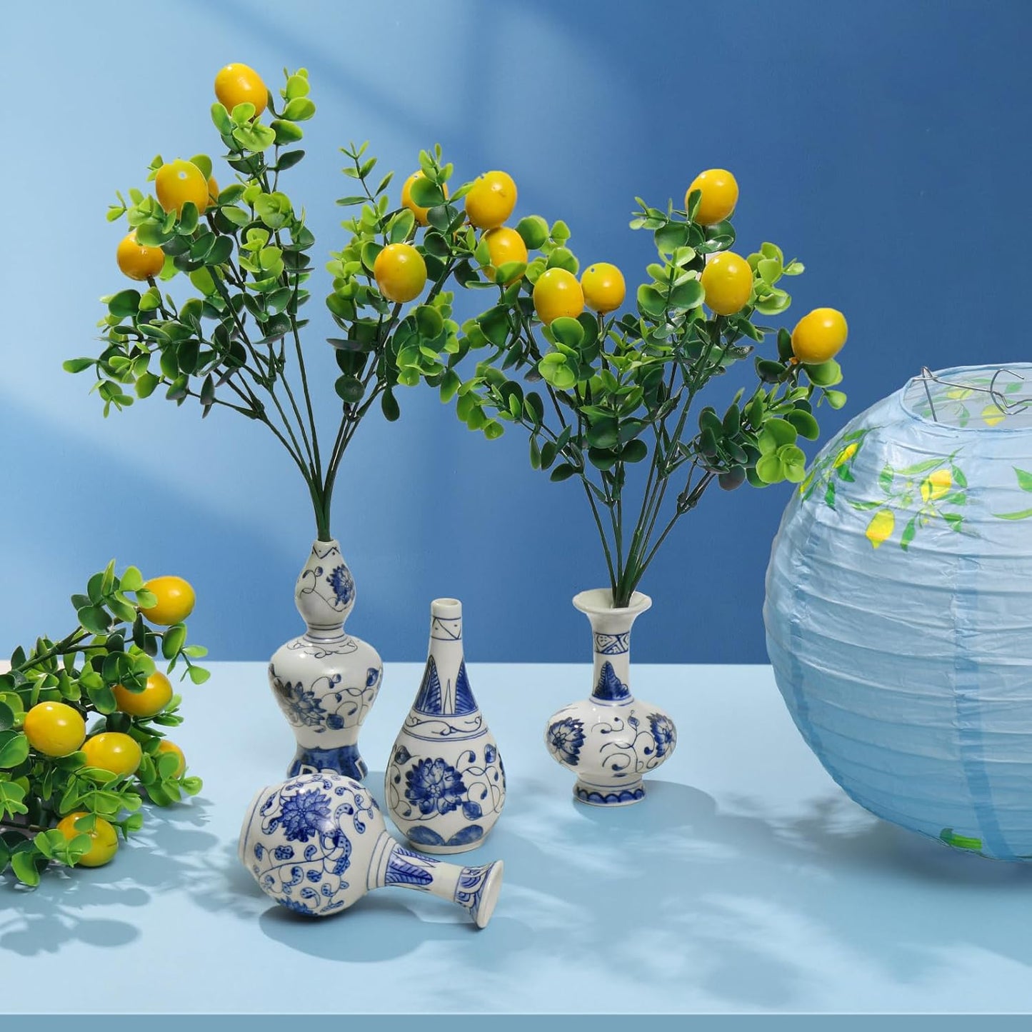 Amalfi Coast Party Decorations, 4 Bunches Artificial Lemon Table Centerpiece and 4 Porcelain Small Blue White Vases for Mediterranean Wedding Baby Shower, Capri Italian Themed Birthday Party Decor