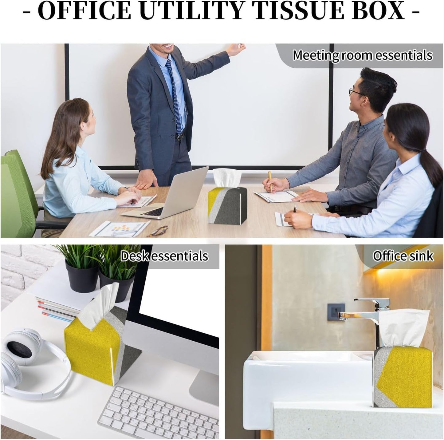 Gray Yellow Combined Abstract Object Square Leather Tissue Box Cover - Premium Decorative Organizer with Non-Slip Base for Bathroom Vanity, Nightstand & Countertop