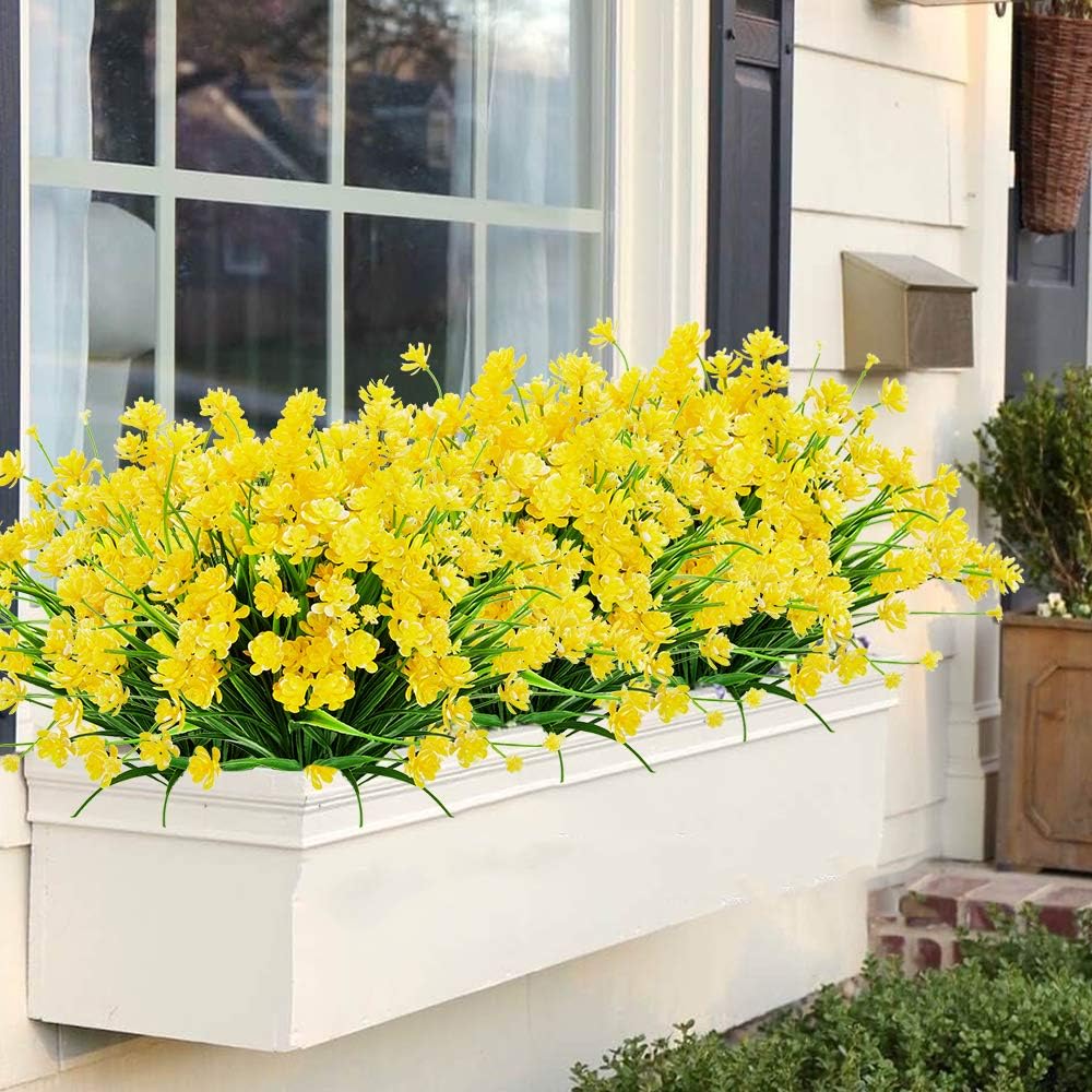 Artificial Flowers, 8 Bundles Fake Outdoor UV Resistant Greenery Faux Plants Shrubs for Indoor Outside Hanging Planter Home Office Wedding Farmhouse Decor (Yellow)