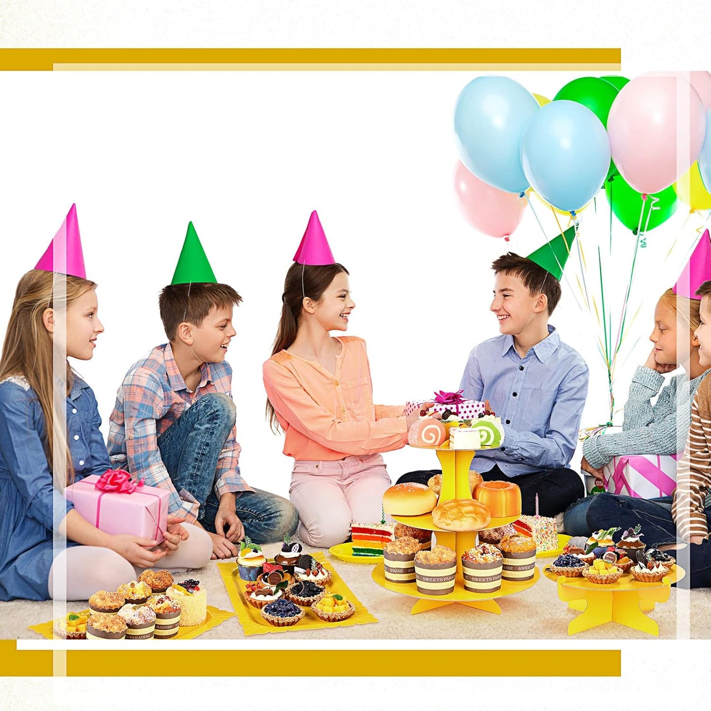7 Pcs Dessert Table Display Set 3-Tier Cupcake Stand 1-Tier Cup Cake Display Tower Platters and Serving Trays Cardboard Cake Cookie Holders for Wedding Birthday Party Baby Shower(Yellow)