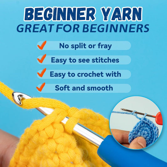 3x60g Yellow+White+Blue Yarn for Crocheting and Knitting;3x66m (72yds) Cotton Yarn for Beginners with Easy-to-See Stitches;Worsted-Weight Medium #4;Cotton-Nylon Blend Yarn for Beginners Crochet Kit