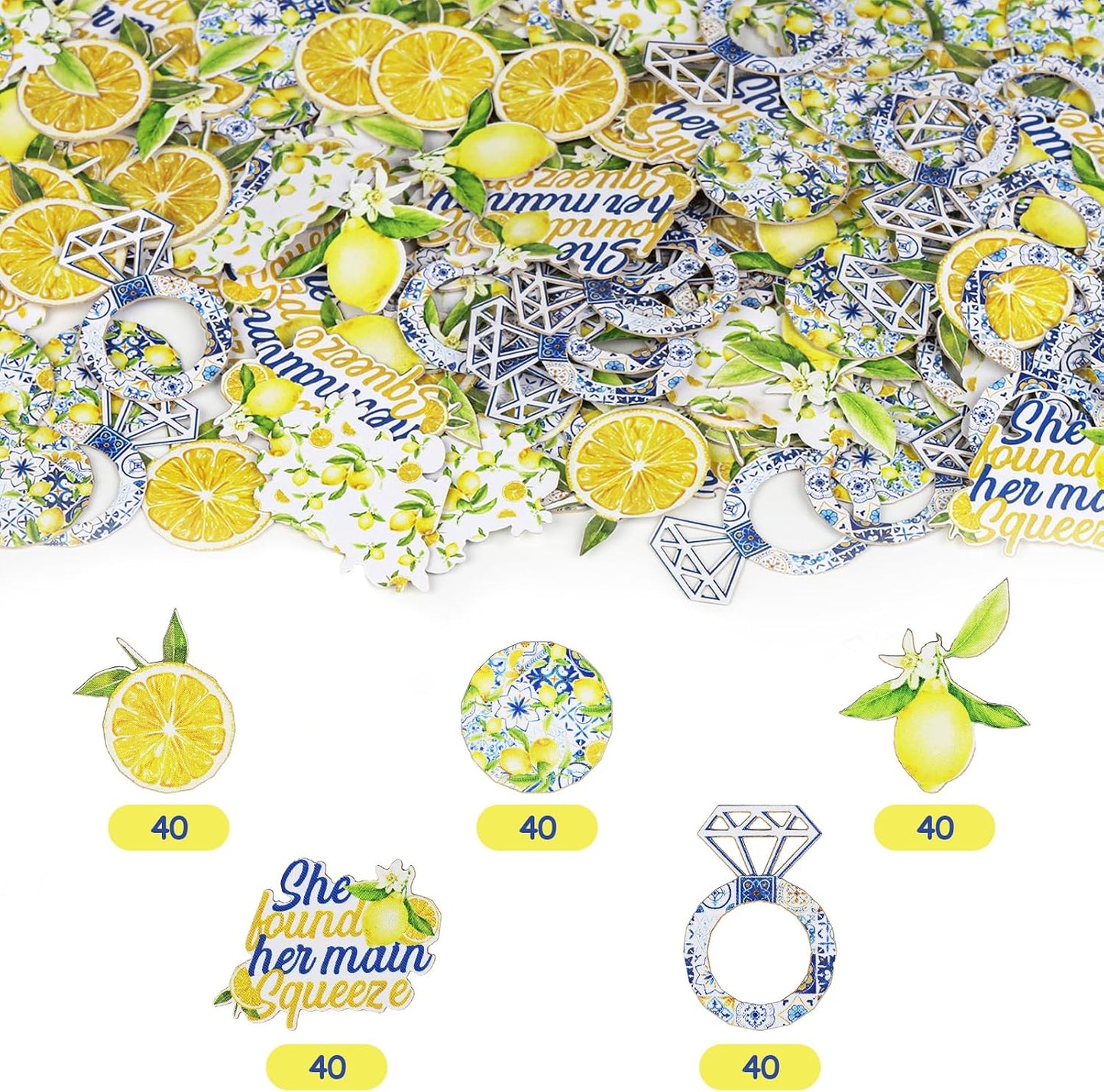 200 Pieces She Found Her Main Squeeze Confetti - Blue Tile and Lemon Bridal Shower Decorations, Double Sided Lemon Confetti Lemonade Scatter Table Decor for Bachelorette Engagement Party