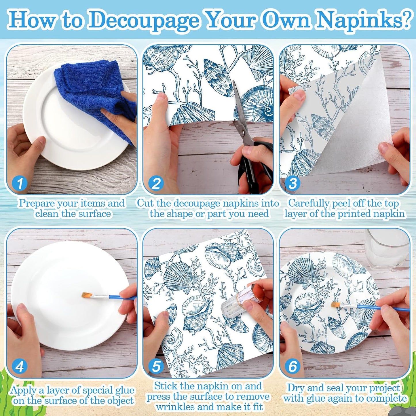 48 Pack 24 Style Blue Coastal Decoupage Napkins Mediterranean Tile Lemon Seashell Nautical Floral Tissue Paper Cocktail Napkin for Craft DIY Furniture Art Project Home Decor, Unfolded 13 inch
