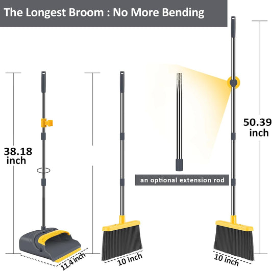 Upgrade Broom and Dustpan Set, Broom with Dustpan Combo Set, Self-Cleaning with Dustpan Teeth, Indoor&Outdoor Sweeping, Stand Up Broom and Dustpan (Gray&Yellow)