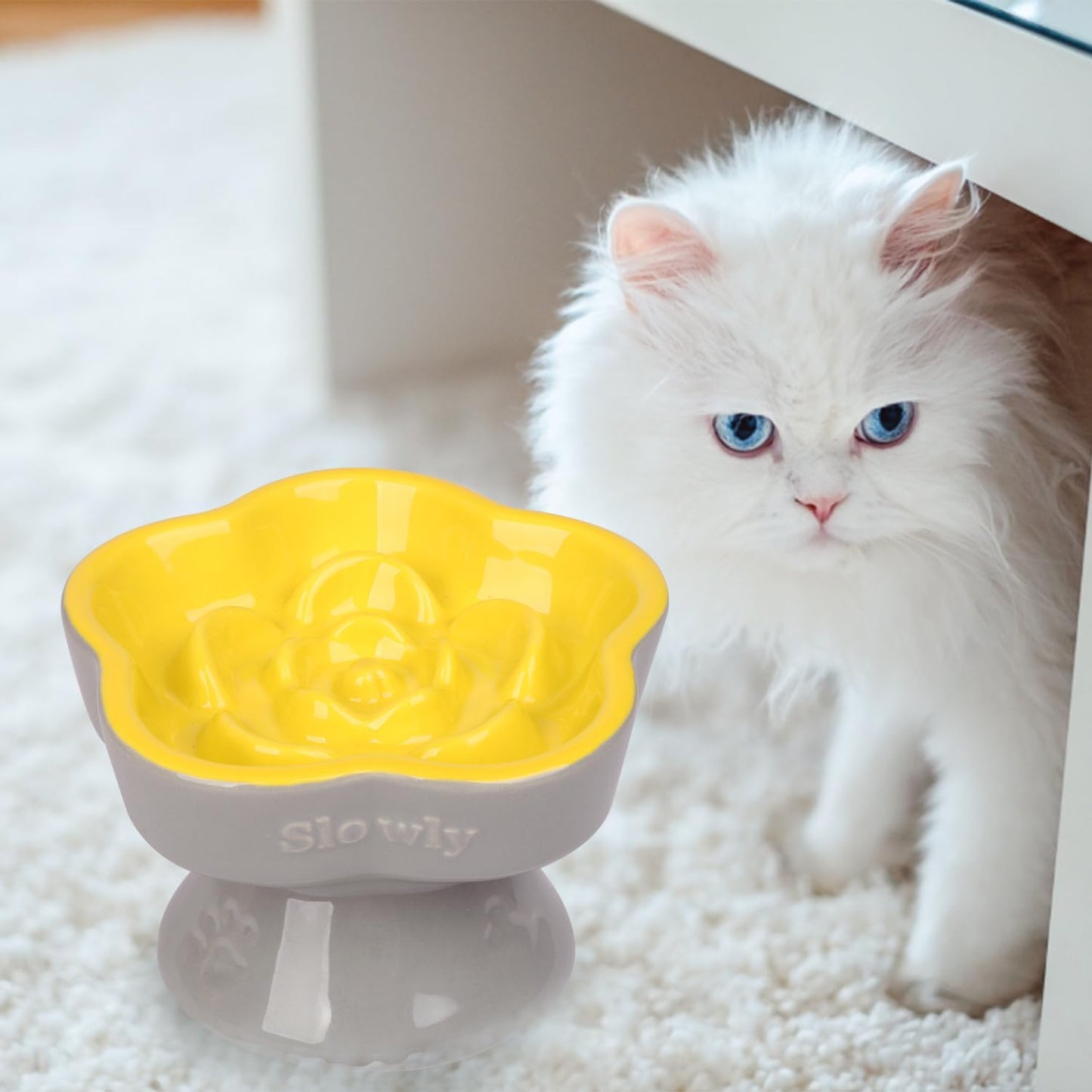 Raised Slow Feeder Cat Bowl, Ceramic Elevated Food Bowl Small Dogs Slow Feeder, Flower Shaped Cute Pet Dish for Dry and Wet Food (Yellow, 5.8")