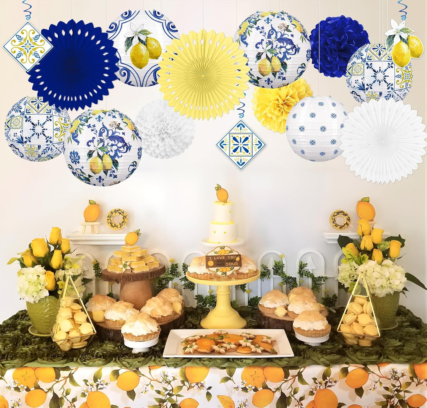 15PCS Lemon Paper Lanterns Party Decorations: Amalfi Coast Capri Yellow Blue Tiles Mediterranean Hanging Decor for Bridal Shower Birthday Wedding Supplies - Style 2