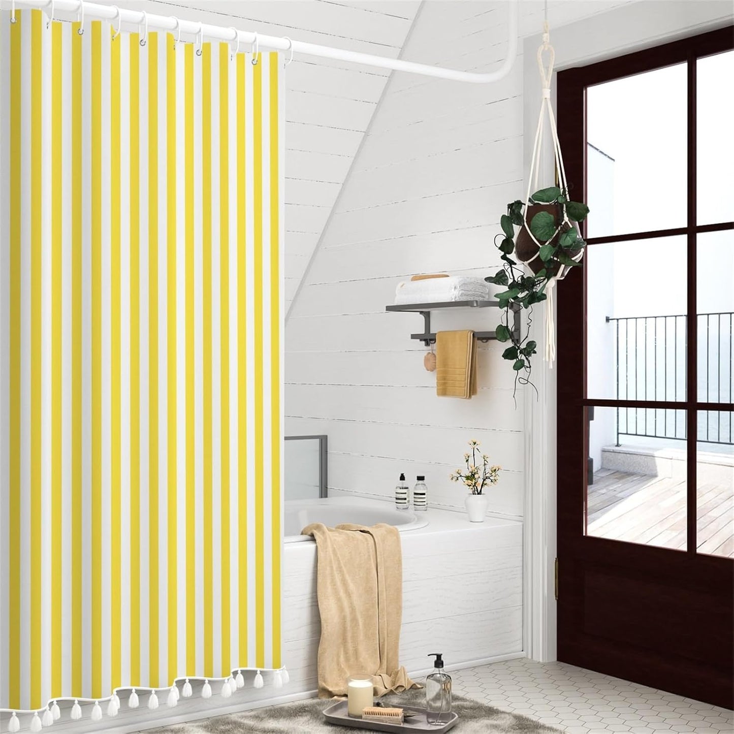 Yellow and White Stripd Shower Curtains for Bathroom Vertical Line Stripes Modern Bath Shower Curtain Set Minimalistic Simple Decorative Bathroom Accessories with 10 Hooks 60x72 Inch