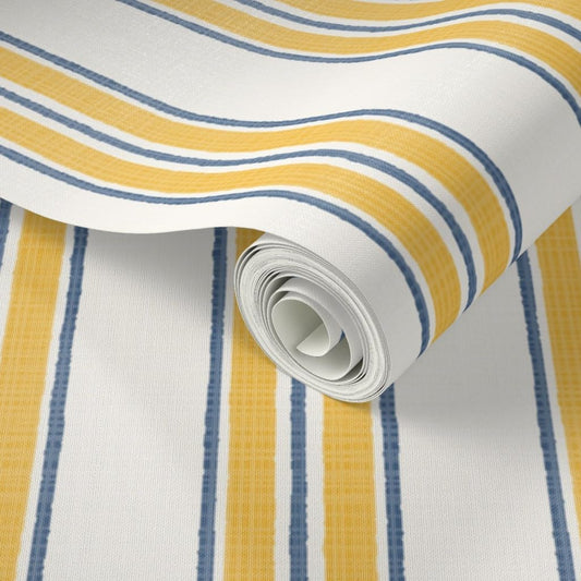 Ticking Stripe Pre-Pasted Removable Wallpaper | Sample 12" x 24" | Classic Timeless Blue Yellow Cream | Self-adhesive, removable and renter-friendly