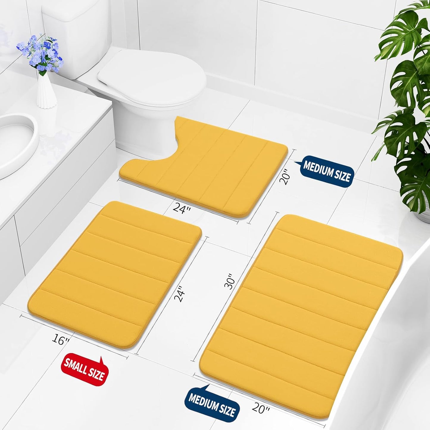 Memory Foam U-Shaped Contour Toilet Rugs, Absorbent, Thick Soft Washable Bathroom Mat, Floor Carpet Bath Rugs Mat for Toilet Base (24" x 20", Yellow)