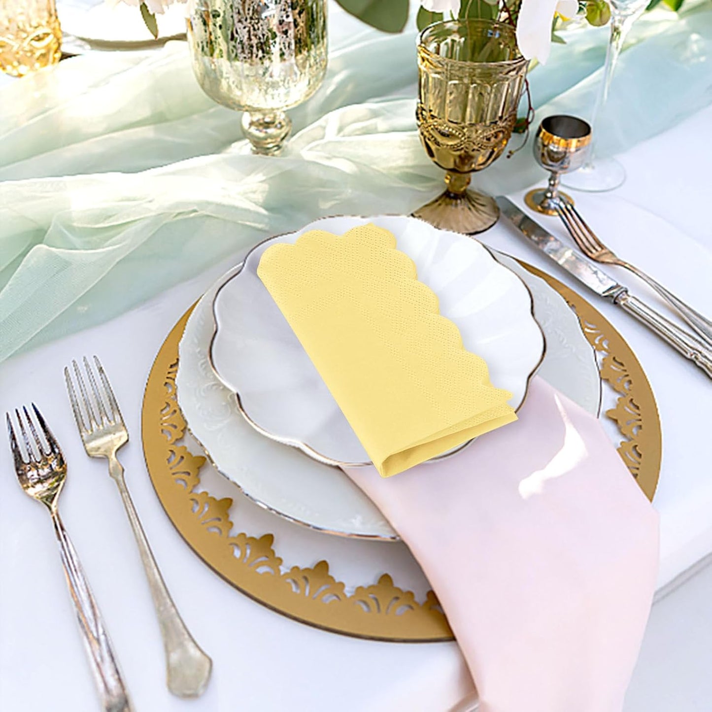 100 Pieces 2-Ply Yellow Scalloped Napkins Folded 5 x 5 inch Disposable Cocktail Napkins Paper Napkins for Dinner Wedding Birthday Party Yellow Beverage Napkins