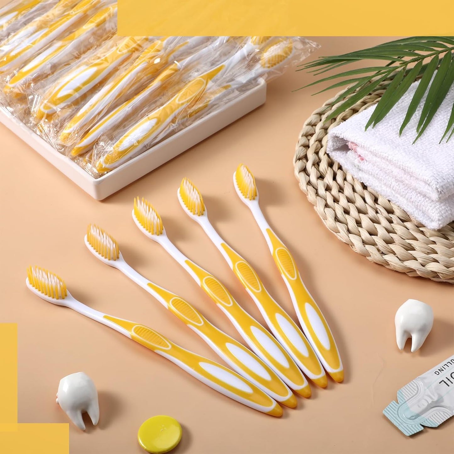100 Pcs Prepasted Disposable Toothbrushes Individually Wrapped Pre Pasted Soft Bristle Tooth Brush Travel Toothbrush for Camping Guestroom Car Office School Hotel Homeless Gifts (Yellow)