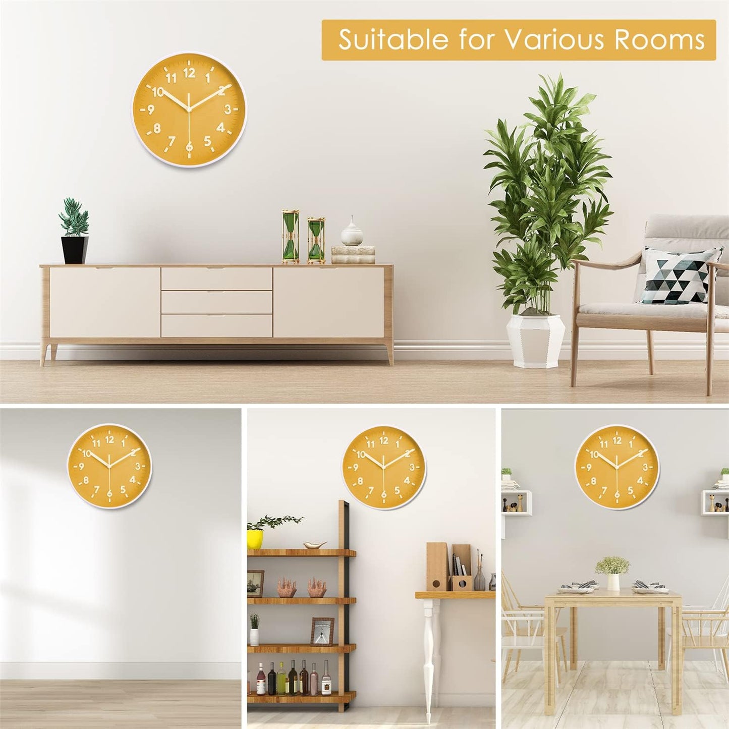 8 Inch Round Quiet Wall Clock Easy Read Big Numbers Kitchen Modern Non-Ticking Decorative Wall Clock for Bedroom Office School-Yellow