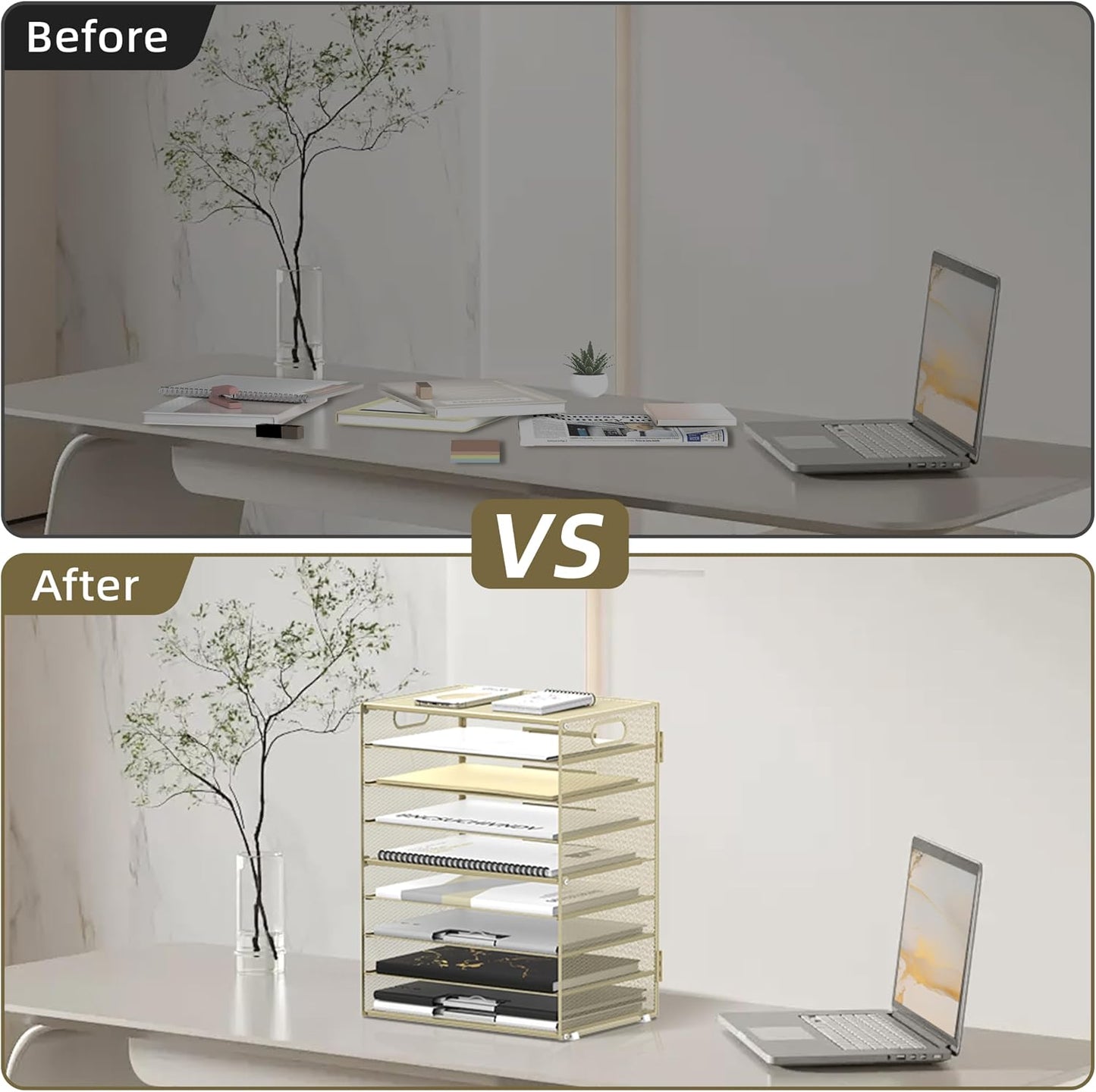 9-Tier Paper Organizer for Desk, Mesh Letter Tray Desk Organizer with Handles, Space-Saving File Organizer for Office Home School, Golden Yellow