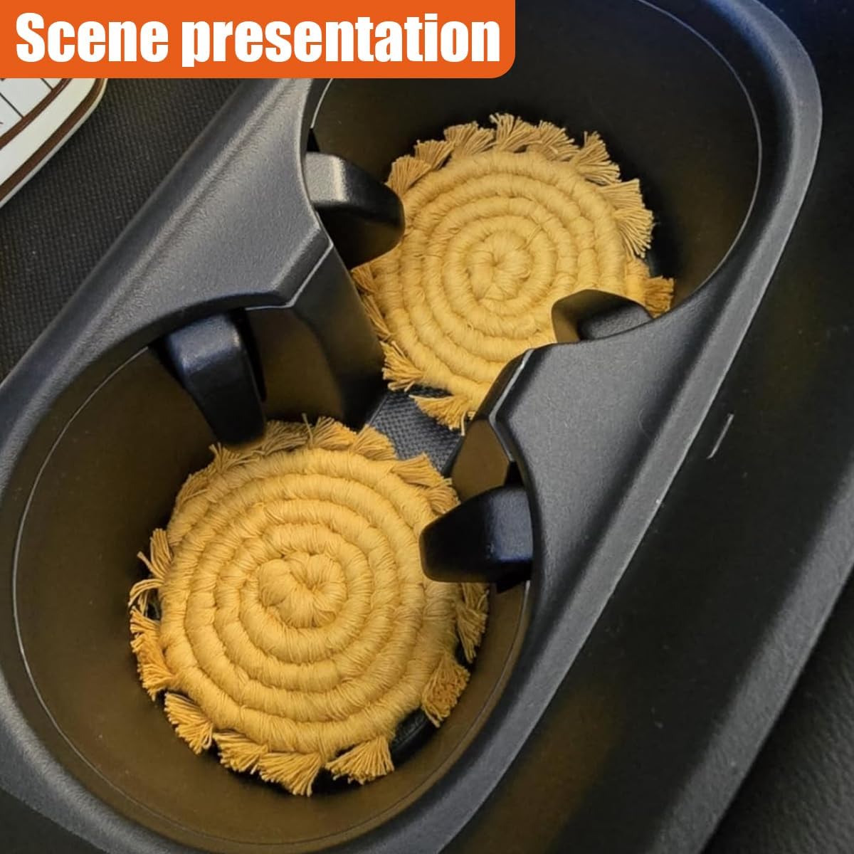 2PCS Boho Car Cup Holder Coasters, 3.14" Cotton Handmade Woven Automotive Insert Mat, Cute Vehicle Interior Anti-Slip Drink Pad Decoration Accessories for SUV Sedan Truck(Yellow)
