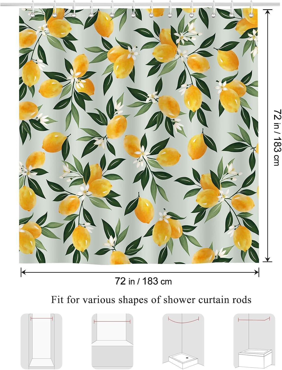 Lemon Shower Curtain, Allover Fruit Green Leaves Bathroom Curtain 72x72 Inch Polyester Fabric Waterproof Bath Curtain with 12 Hooks