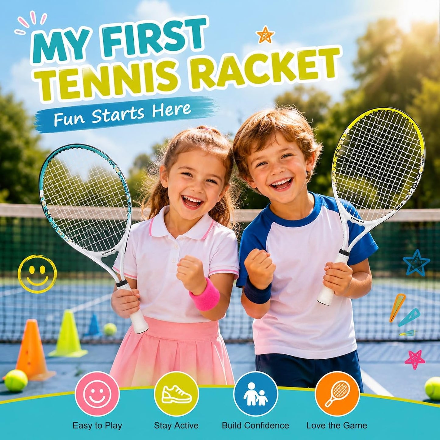 2-Pack Kids Tennis Racket Set, Junior Racquets with Bag and Balls | Aluminum alloy set with 2 pre-strung racquets, 2 balls and shoulder bag