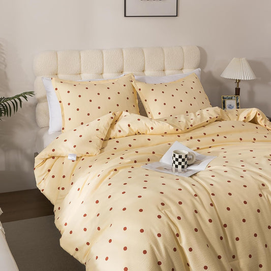 Yellow Queen Comforter Set with Polka Dots 3 Pieces Bedding Set | Soft Seersucker Baby Yellow Comforter Bedding Set Kawaii Circles Print Butter Comforter with Pillowshams