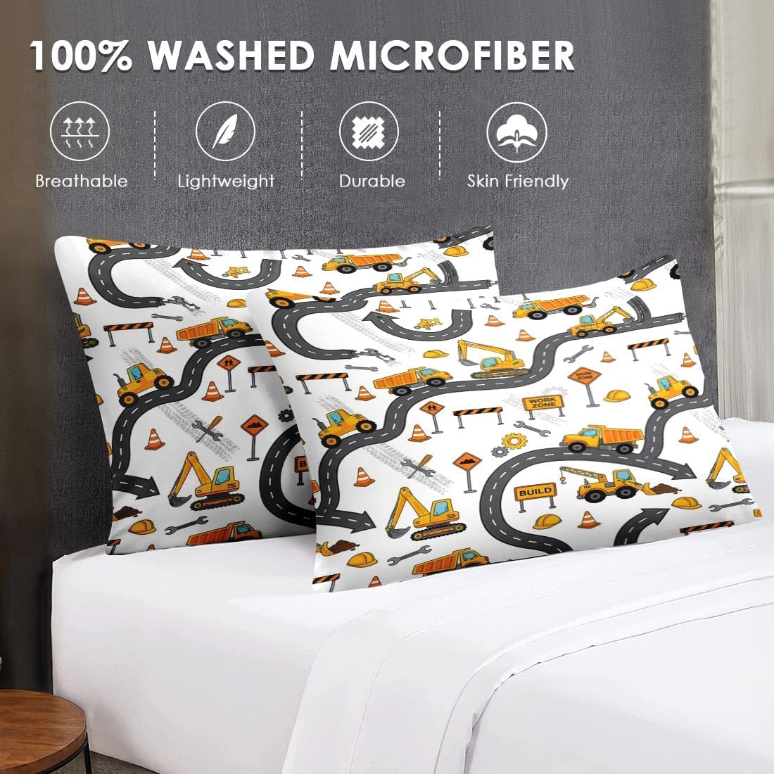 WeCozy 5 Pcs Twin Size Comforter Set, Construction Truck Bedding Set for Boys, Yellow Excavator Cartoon Bed in a Bag with 1 Pillowcase & 1 Sham