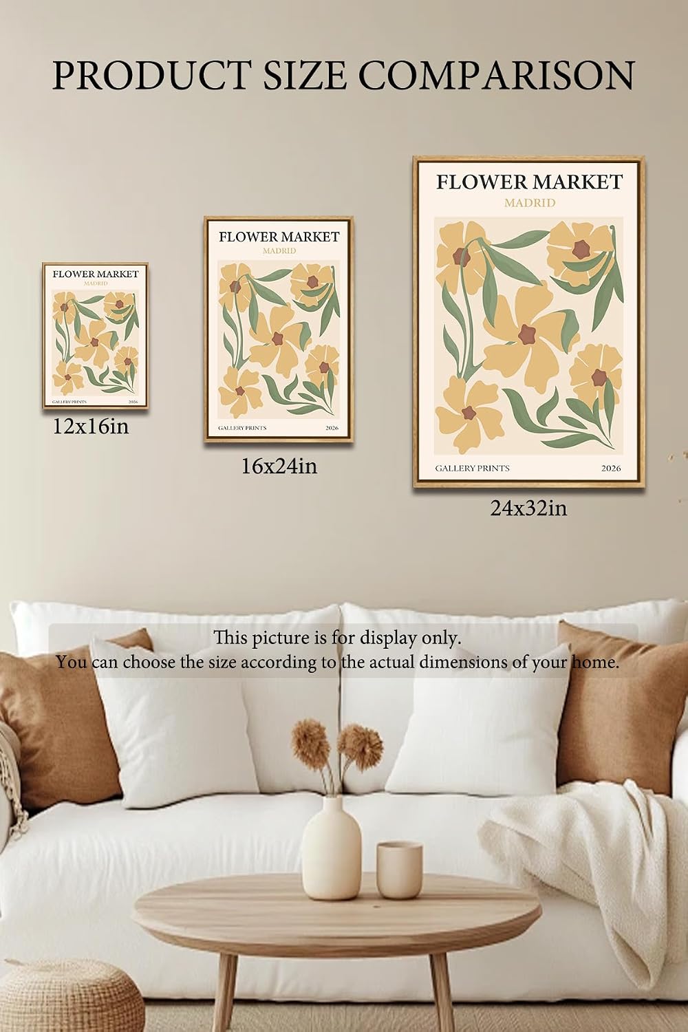 Gufro Flower Market Framed Wall Art,Yellow Danish Pastel Floral Print Painting,Abstract Minimalist Botanica Artwork Prints for For Living Room Girls Room Nursery Bedroom 12x16Inch