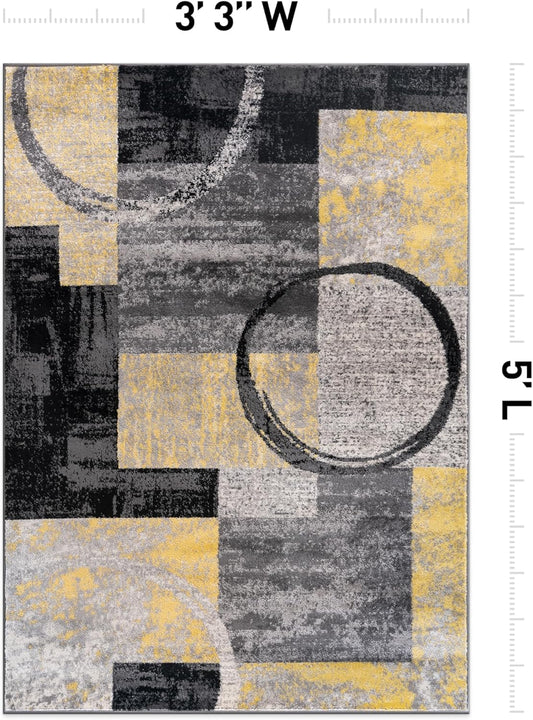 Contemporary Circle Design Area Rug, Fade-Resistant Carpet for Bedroom, Home Office, or Entryway, Yellow, 3'3" x 5'