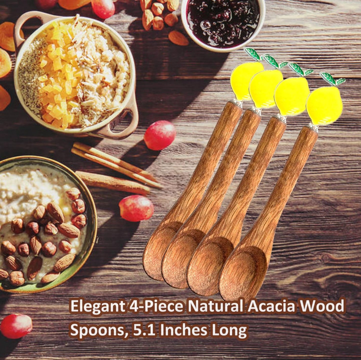 Wooden Stir Spoon for Honey Coffee Stirring Tea Yogurt Jars, Cute Small Wooden Spoon for Eating, Collection Spoons, Holiday Wooden Teaspoon 5.1 Inches Length(4pcs) (Lemon)