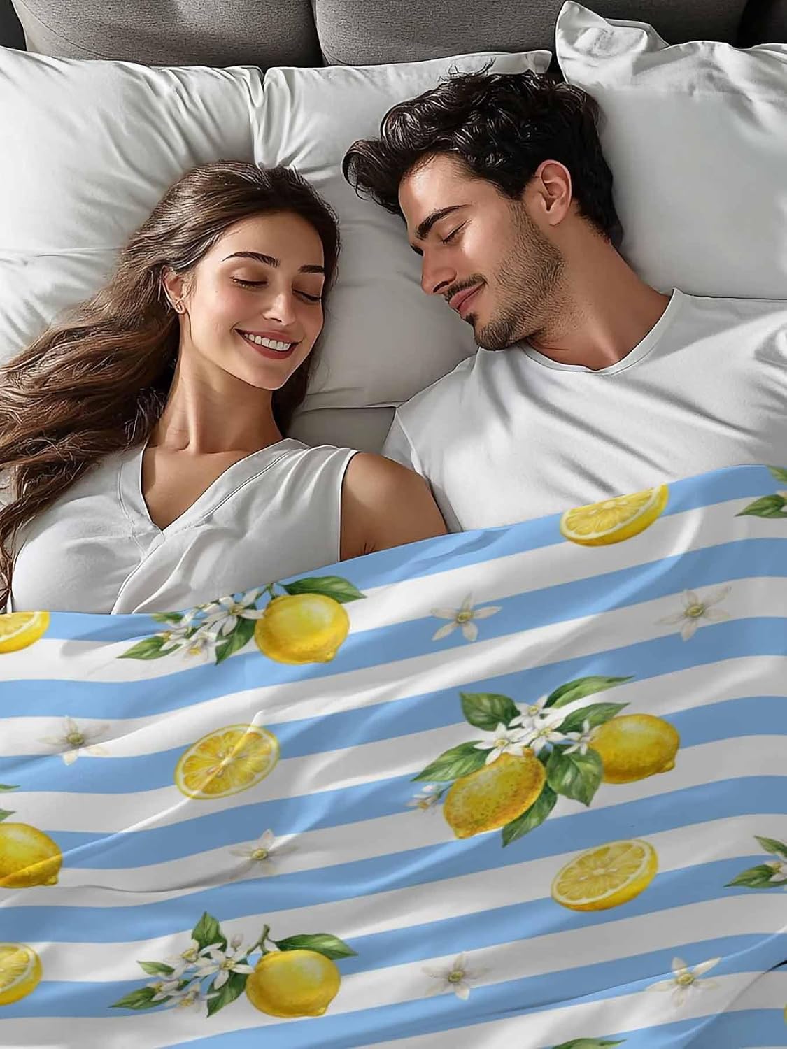 Twin Size Flat Sheet Only, Summer Lemon Flower Leaf Bed Top Sheet Soft Microfiber Breathable Bedding Flat Sheets, Yellow Fruit Blue White Stripe Top Sheets Hotel Luxury