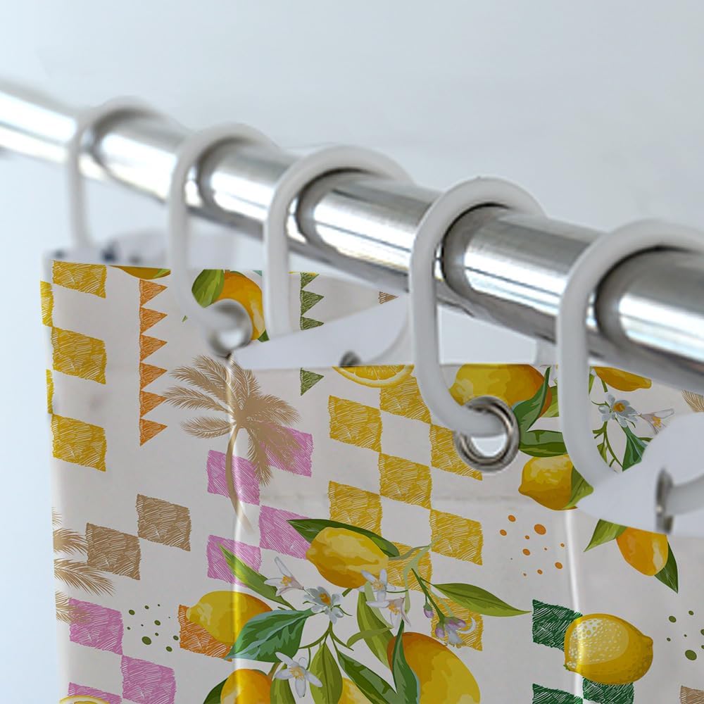 Summer Lemon Shower Curtain Sets with Rugs Citru Fruit Bathroom Set | Tropical Green Leaves Plant Geometric Boho Summer Home Bath Bathtub Decor Durable Curtain Mats for Bathroom 72x72 In