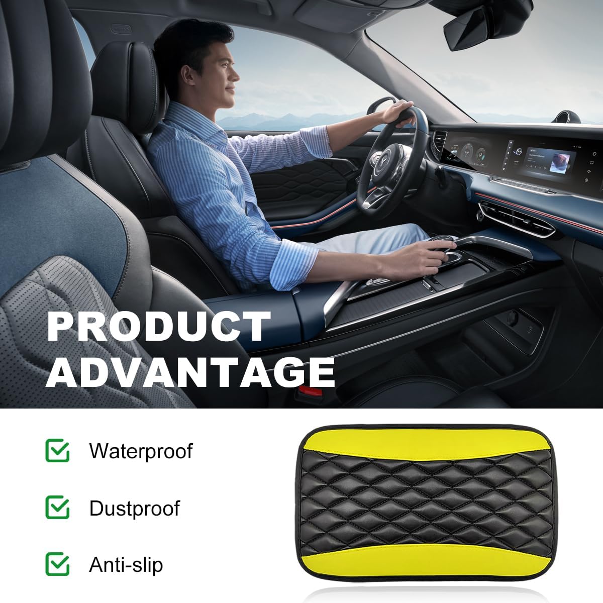Car Center Console Cushion Pad, 12.6 × 7.48 Inches Waterproof Car Armrest Seat Box Cover, PU Leather Armrest Cover Protector for Most Vehicle, Universal Car Interior Accessories (Black+Yellow)