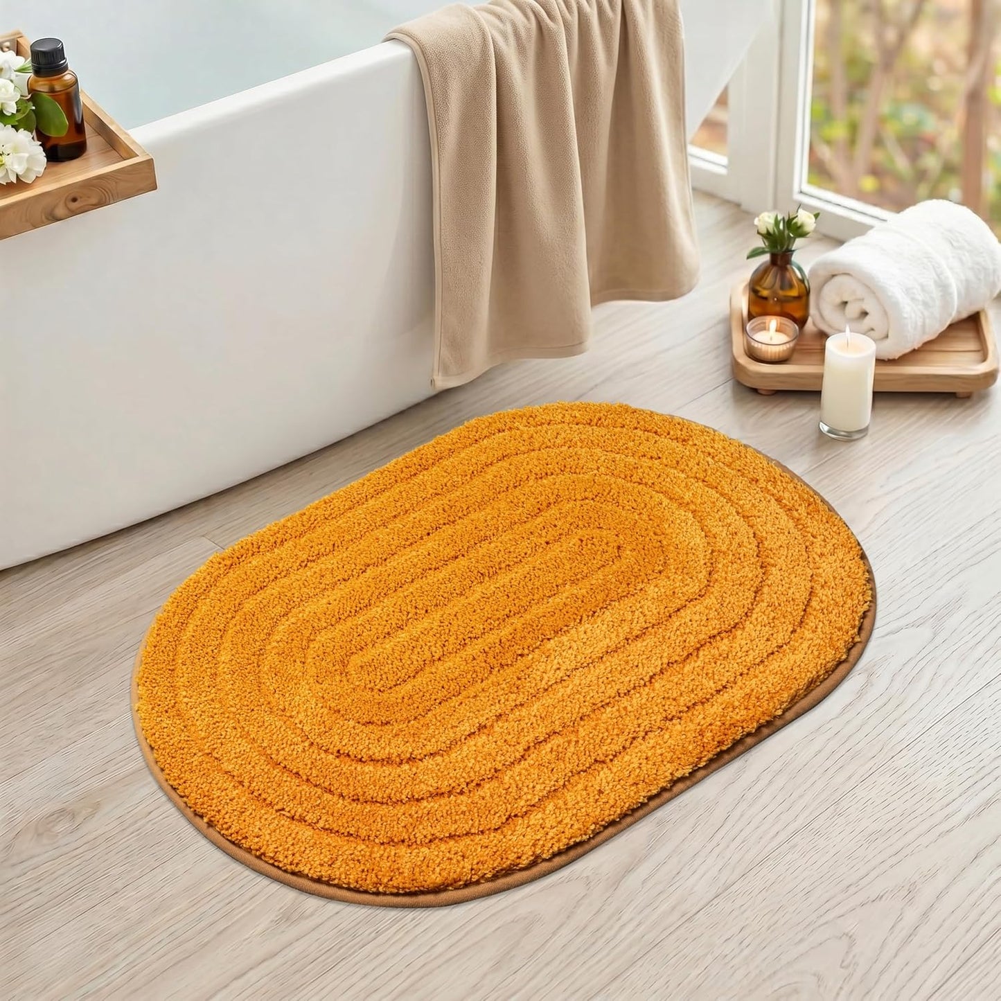 Oval Bathroom Rug Non Slip Absorbent, Ultra Luxury Fluffy Microfiber Farmhouse Bath Rug, Cute Neutral Aesthetic Bath Mat for Bathroom, Bathtub, Machine Washable, Yellow, 20"" x32