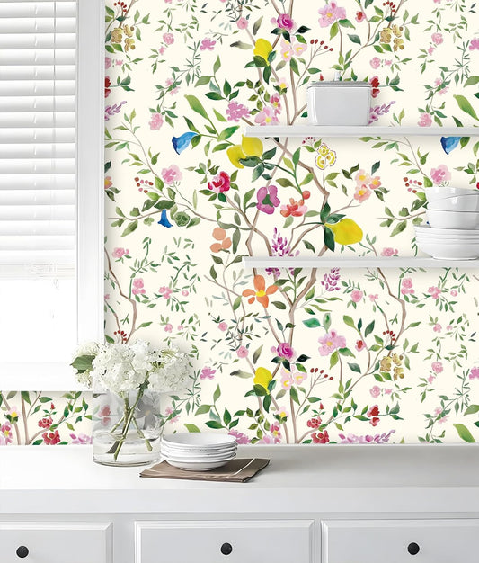 Peel and Stick Wallpaper Floral Chinoiserie Frensh Farmhouse Wall Paper Lemon Removable for Bedroom White/Pink/Green Nursery Kids Room 17.3in x 9.8ft
