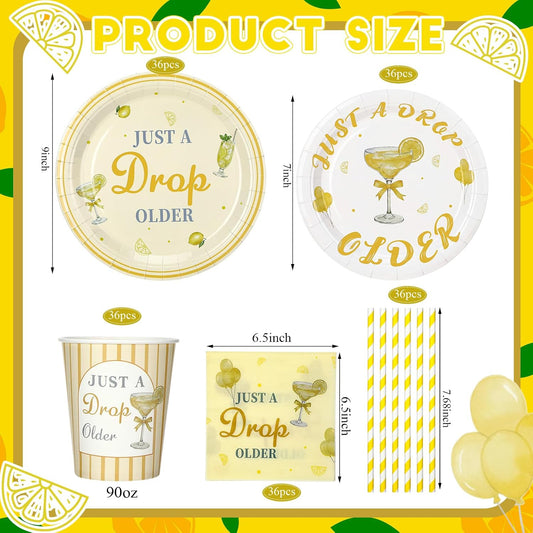 180 Pcs Just a Drop Older Birthday Party Supplies Lemon Theme Disposable Dinnerware Set with Paper Plates Napkins Cups Straws Disposable Dinnerware for Adult Birthday Party Decorations