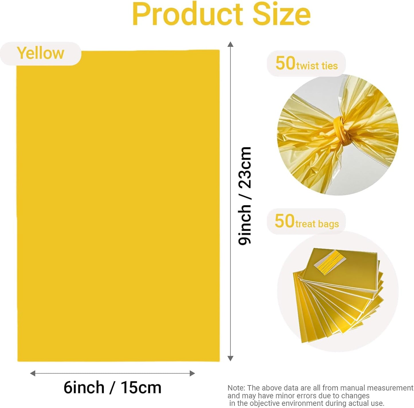 Cellophane Treat Bags Yellow, 9x6 inches, 50 Pack with Ties,Small Party Favors bags for Cookie Candy Popcorn