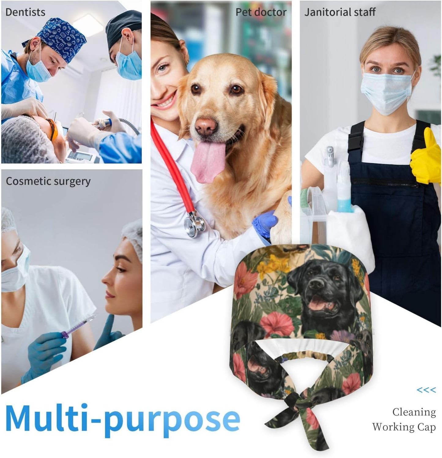 Cleaning Working Cap with Button, Scrub Cap Adjustable Tie Back Hats for Women Men