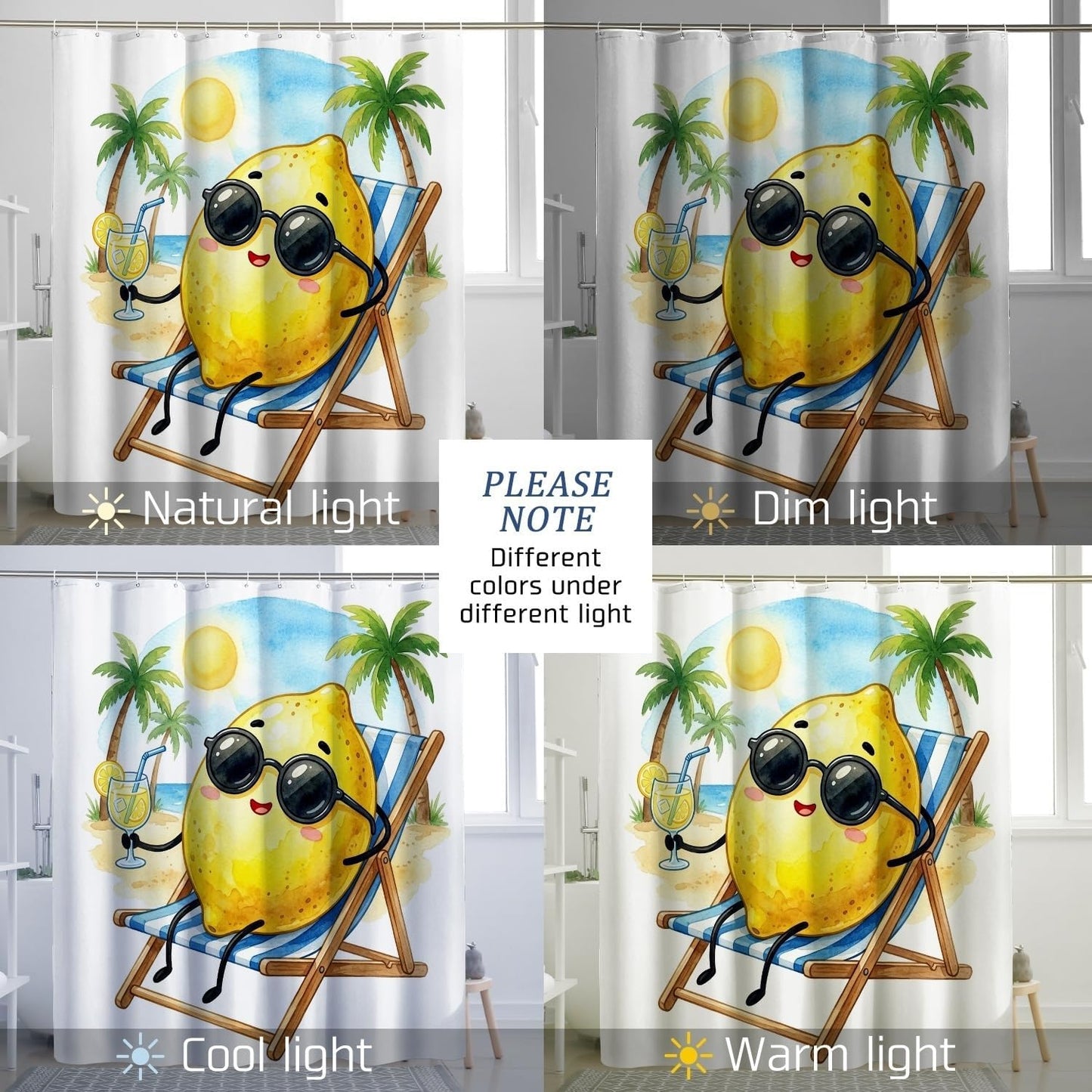 Funny Cute Lemons Shower Curtain Set 62W x 72L, Fruits Beach Vacation Palm Bathroom Decor, Plant Printed Fabric Bath Accessories