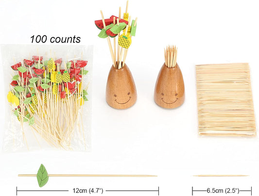 Yellow Pineapple Cocktail Picks, 4.7 Inch Long Bamboo Fancy Toothpicks for Appetizers, Decorative Summer Tropical Hawaiian Party Food Drinks Garnish Fruit Skewer Sticks 100 Counts - MSL171