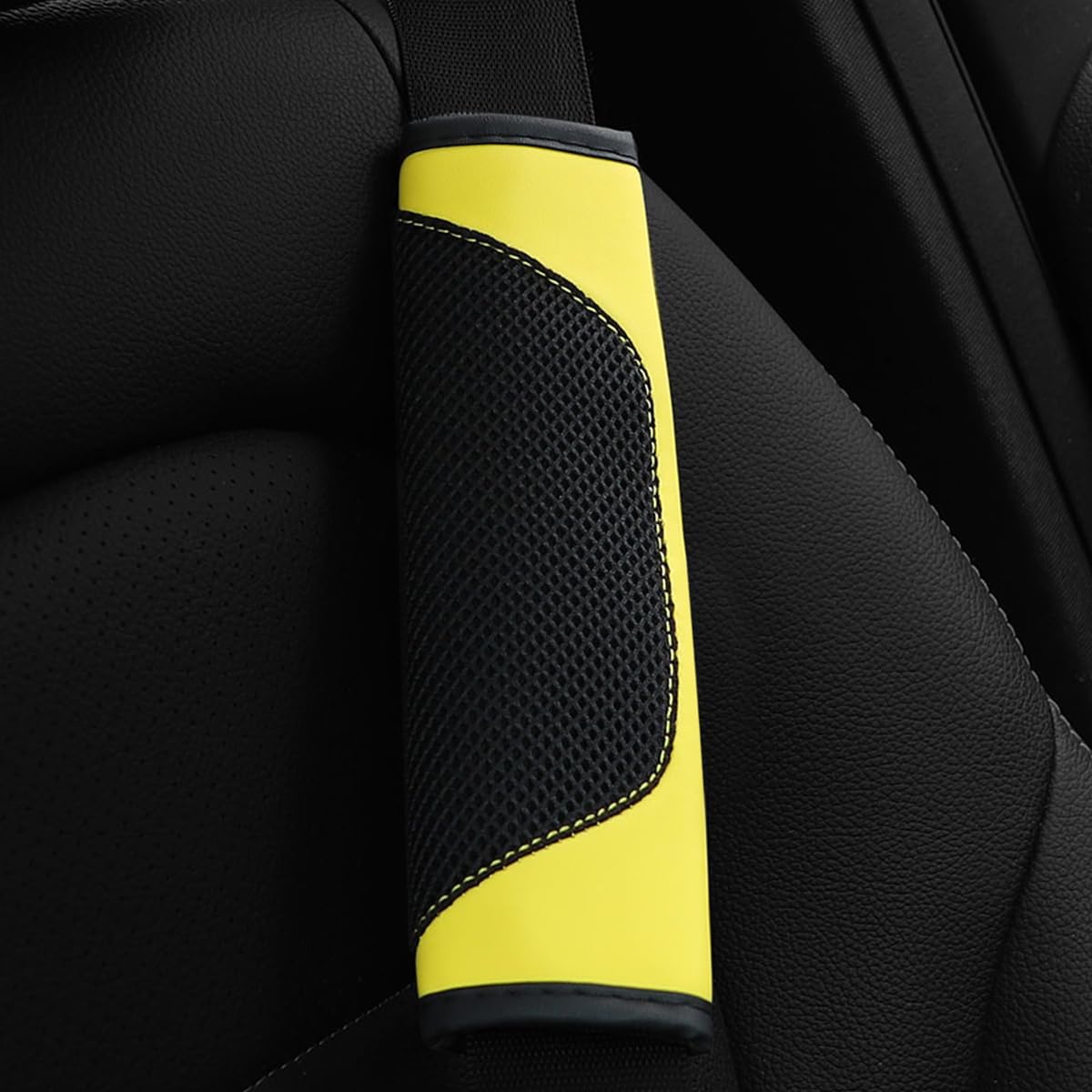 2PCS Car Seat Belt Pads Cover Leather Mesh Shoulder Cushion Yellow | Leather mesh surface, sponge lining comfort, velcro closure design, fits most cars SUVs and trucks, automotive accessories