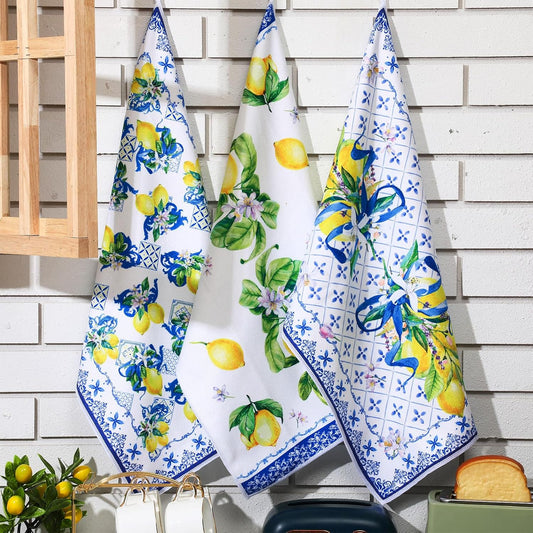 6 Pieces Blue and White Lemon Kitchen Towels Set Absorbent Dish Towels Decorative Tea Washcloth for Spring Summer Kitchen Bathroom Home Decor, 16 x 24 Inch (Blue, White)