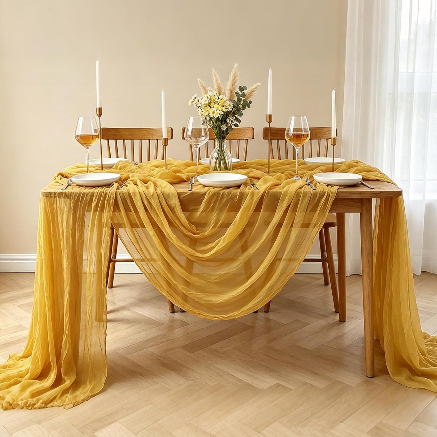 Yellow Cheesecloth Table Runner, 10FT Rustic Gold Boho Gauze Table Runner for Wedding Bridal Shower Baby Shower Birthday Tea Party Decorations