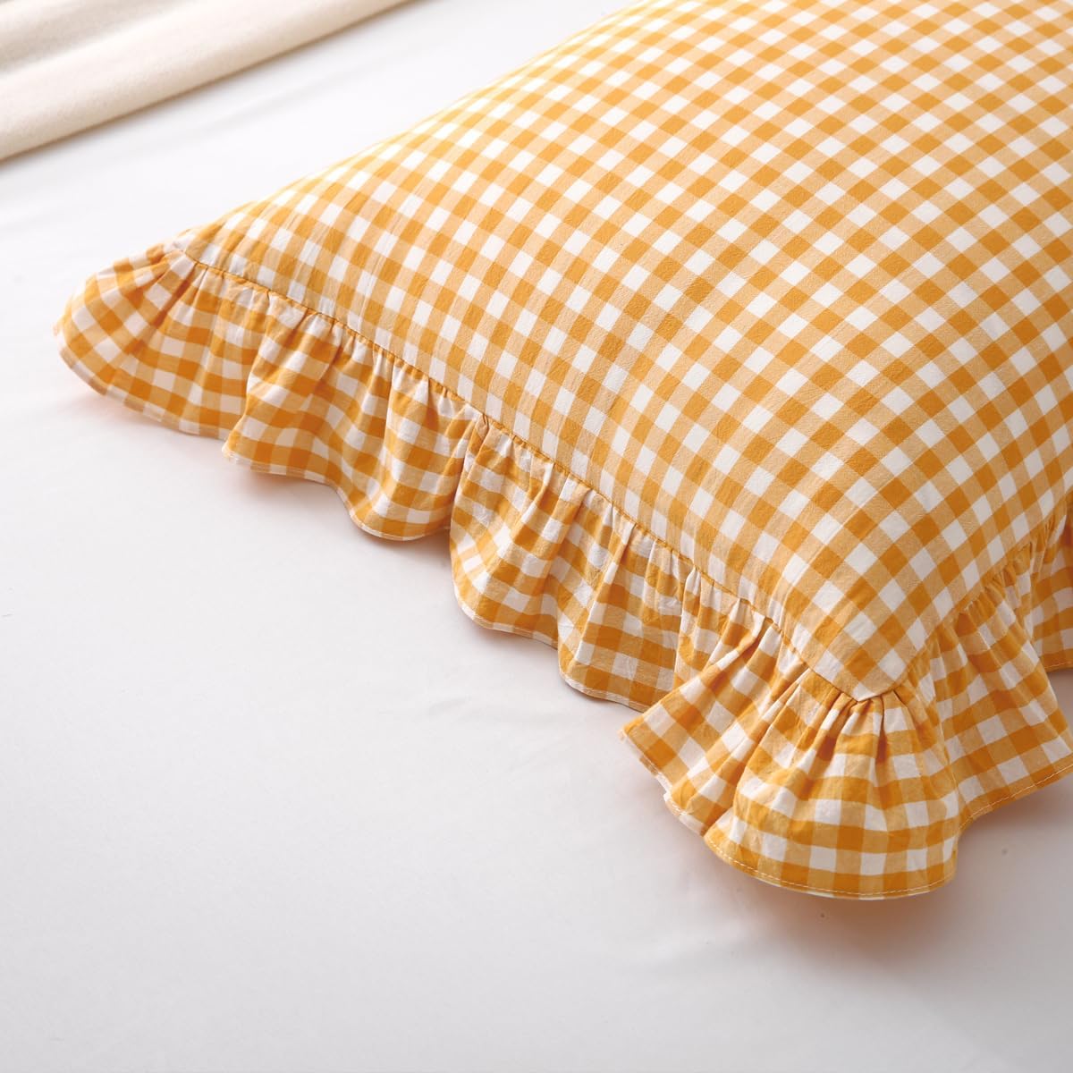 Yellow/White Plaid Ruffle Pillow Shams Standard Size Set of 2, Checkered Washed Cotton Mustard Gingham Pillow Covers Vintage Pillowcases 20"x26"