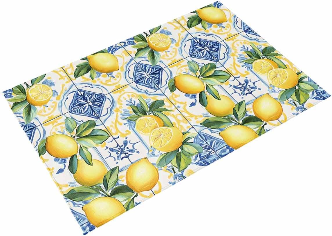 Botanical Lemon Outdoor Rug for Patio/Deck/Porch, Non-Slip Large Area Rug 4 x 6 Ft, Spring Countryside Floral Blue Tile Indoor Outdoor Rugs Washable Area Rugs, Reversible Camping Rug Carpet