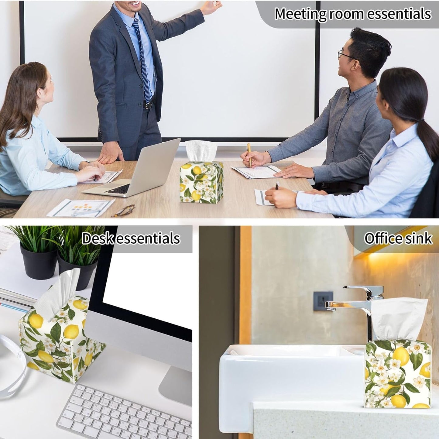 Elegant Lemon White Flowers Tissue Box Cover Leather Decorative Square Tissue Cube Boxes Holder with Bottom Belt Case Organizer for Bathroom Home Car Decor