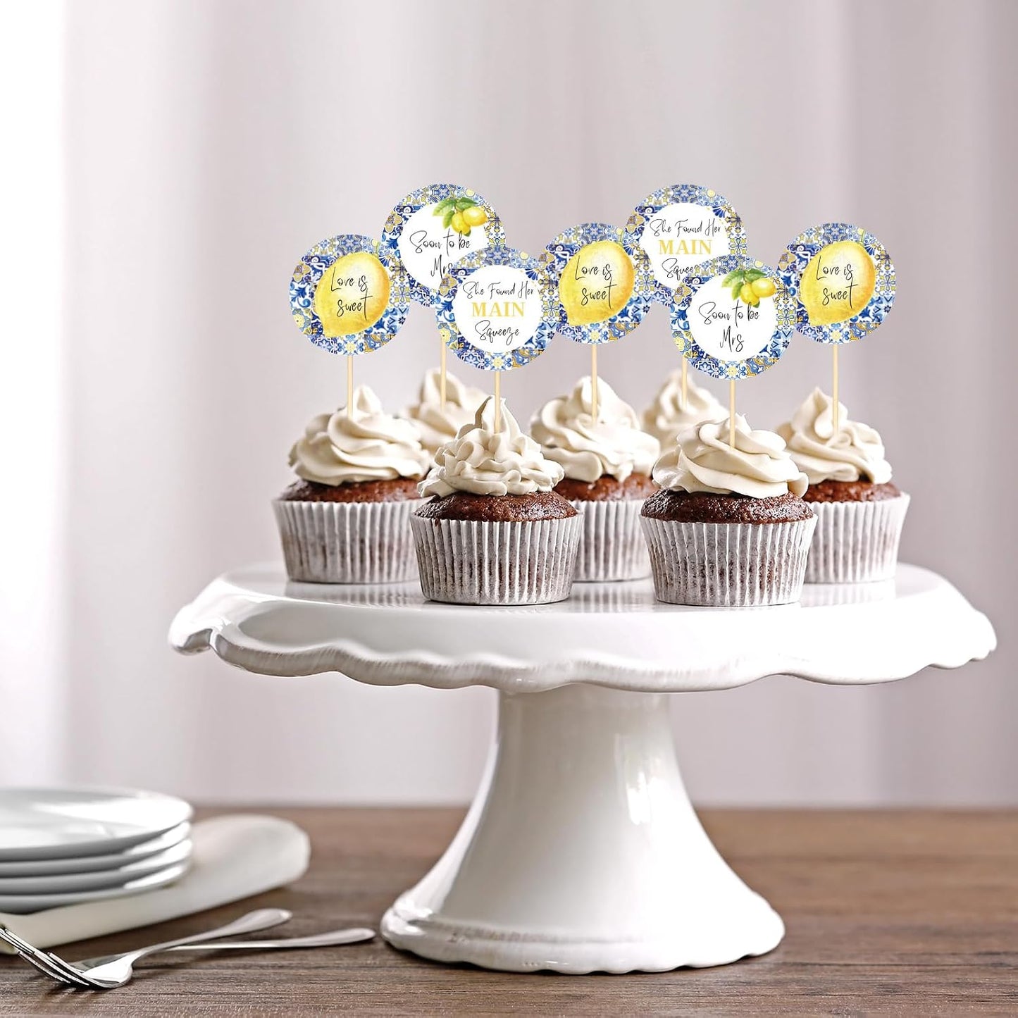 24 Pcs Blue White Tiles Lemon Cupcake Topper Sweet Fruit Theme Summer Lemonade Cupcake Picks for Wedding Engagement Bridal Shower Bachelorette Party Decorations