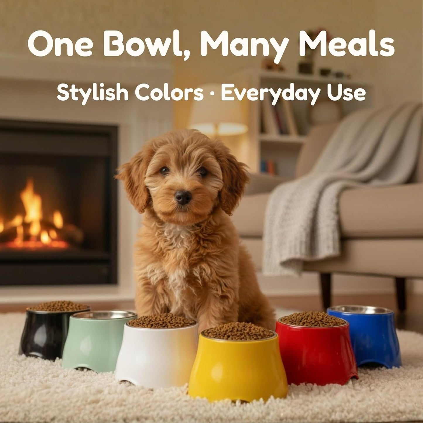 Elevated Dog Bowl, Melamine Raised Dog Food Bowl for Long-Eared Dogs, Stainless Steel Inner Bowl, Non-Slip Base (Yellow, M (420 ML / 2 Cups))