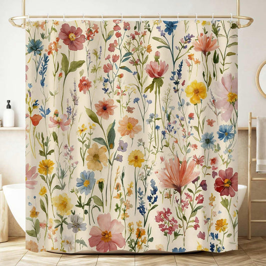 Floral Shower Curtain, Light Yellow Background Vintage Flower Watercolor Plant Polyester Fabric Curtains, Boho Colorful Wildflower Floral Shower Curtains for Bathroom, with Hooks 72x72 Inch