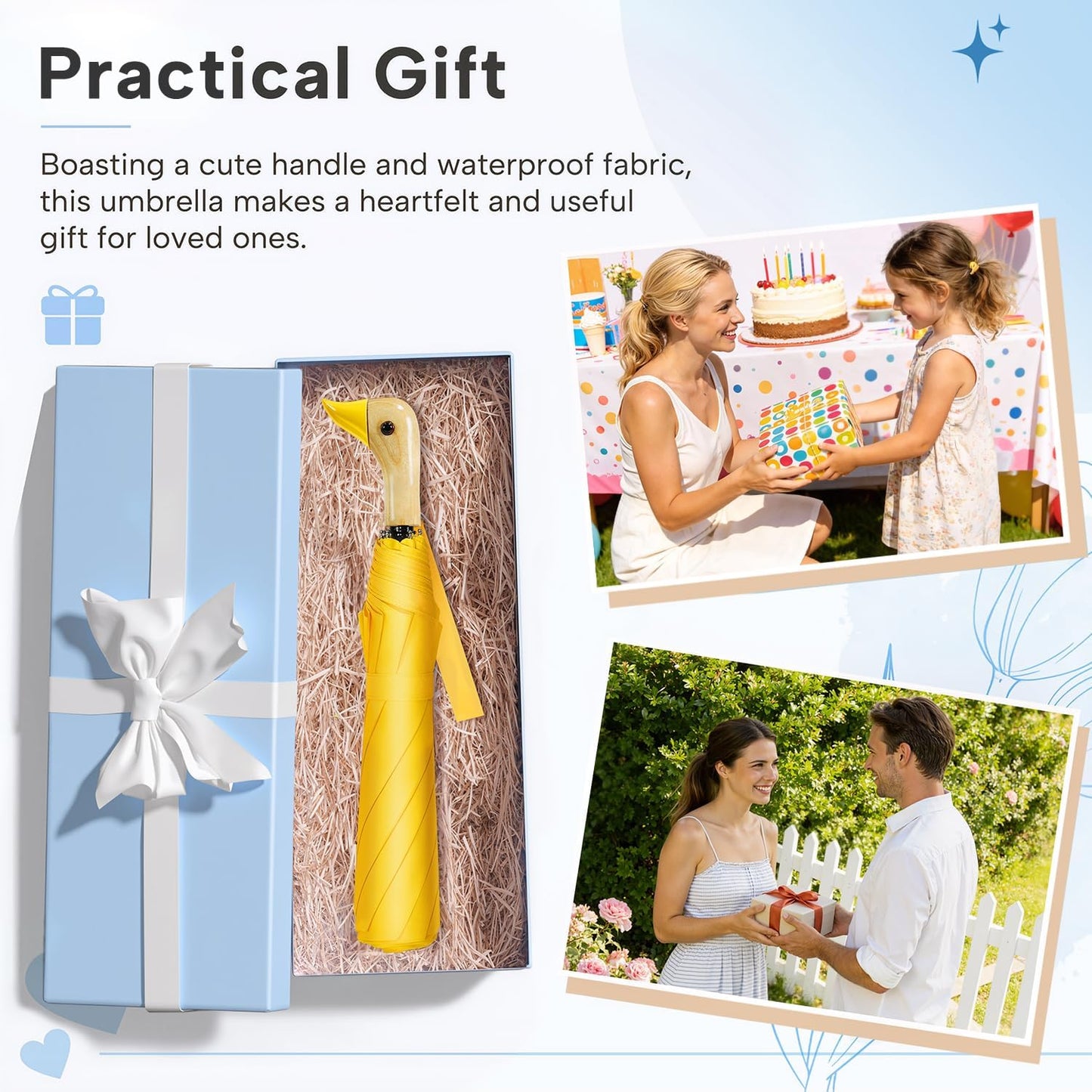 Cute Duck Umbrella for Kids - Auto Open Manual Close, Wooden Handle | Duck Head Handle Design, One-Touch Open & Easy Manual Close, Wrist Strap. 42 Inch Compact 2-Fold, Fun Gift for Kids & Adults.