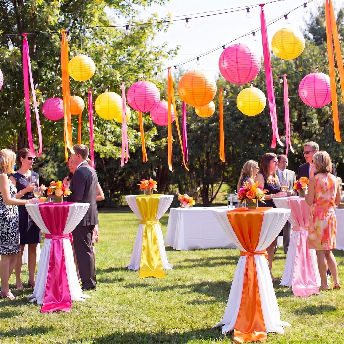 12 Pcs Pink Orange and Yellow Satin Table Runner Sunset Lemon Tropical Party Decorations 108" Long Table Summer Cocktail Supply for Wedding Bachelorette Graduation Bridal Shower Boho Decor